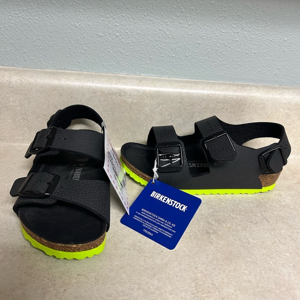 Birkenstock Kids Black and Neon Green Sandals kids size 10
